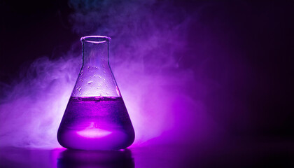 Glass Erlenmeyer flask with purple liquid. Chemical laboratory. Dark backdrop with smoke effect.