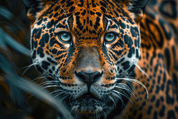Fototapeta premium Close-up of a jaguar's intense gaze, highlighting its yellow fur and distinctive spots, set against a jungle backdrop