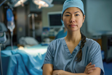 Asian female surgeon in a hospital operating room, wearing scrubs and surgical equipment, showcasing confidence and professionalism