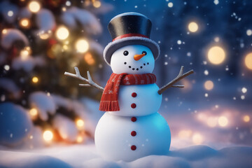 Snowman with winter landscape and snow high quality background


