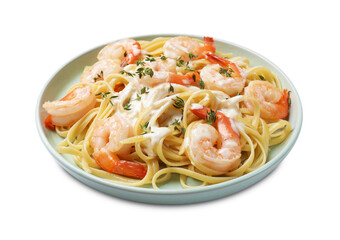 Delicious pasta with shrimps and creamy sauce isolated on white