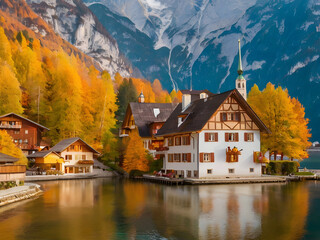 Fototapeta premium 아름다운 가을 호수 풍경 이미지