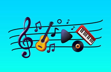Musial treble clef collage, piano music play, guitar musician. Vector illustration