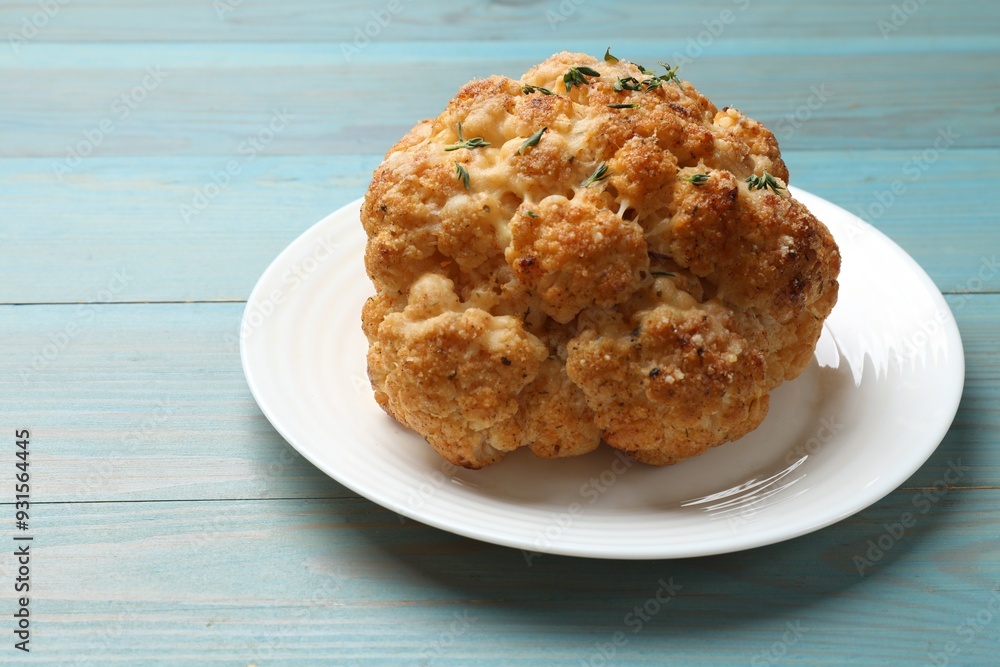 Wall mural Delicious baked cauliflower on light blue wooden table