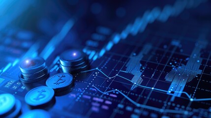 Stack of money coin and laptop computer with trading graph, financial investment concept with blue filter can be use as background