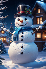 Snowman with winter landscape and snow high quality background


