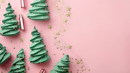 Creating a Christmas party theme with cosmetic products shaped like Christmas trees on a pink background for New Year s Eve festivities