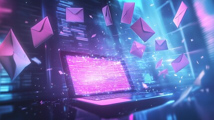A 3D render of a laptop with a glowing screen, envelopes and letters flying upwards as if caught in a gust of wind, cool, ambient lighting with soft blue and purple hues, realistic textures with
