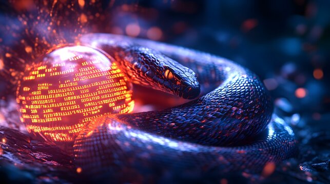 A snake coiled around a glowing sphere of digital energy, its scales overlaid with scrolling Python code, lit by a soft, ambient glow, the intricate detail of the digital overlay blending seamlessly