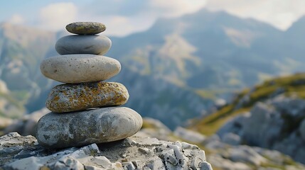 Stack of stones on top of the mountain Pile of rocks stone and mountains Balanced stone pyramid or Stacked stone or mountain stones tower Stones arranged for meditation Represent spiri : Generative AI