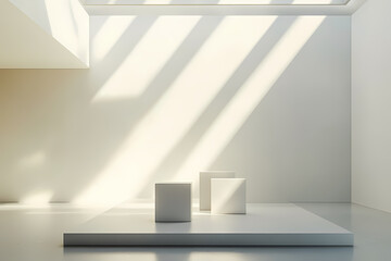 Tranquil minimalist interior with geometric shapes and soft lighting