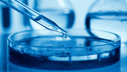 Lab pipette with sample liquid into petri dish. Biomedical research. Science concept.