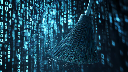 A broom sweeping binary code dust, preparing for new data.