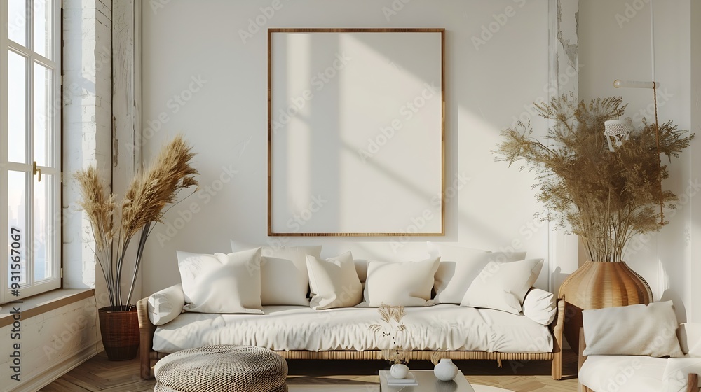Poster mockup white wall in loft style house with sofa and accessories in the room3d rendering : generative