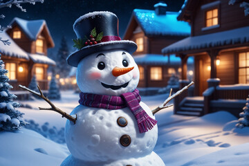 Obraz premium Snowman with winter landscape and snow high quality background
