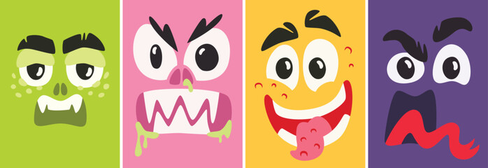 Set of posters in form of monster faces. Creative Halloween placards.