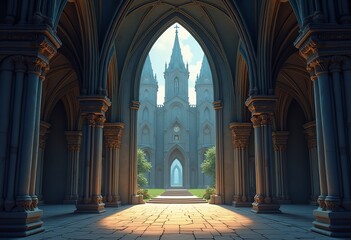 Obraz premium Gothic Cathedral Interior: A Fantasy Castle Entrance Poster | Digital Art, Religious Architecture, Fairytale Illustration