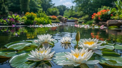 Very large white lilies in the pond Landscaping design Atlanta botanical garden Beautiful summer magic sunny landscape with pond trees and big flowers : Generative AI