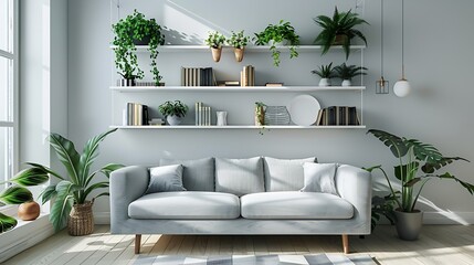 Modern Minimalist Living Room Interior Design Featuring a White SquareSpaced Bookshelf Grey Sofa and Plants Neatly Organized for a Homey Ambience Illuminated by Natural Light : Generative AI