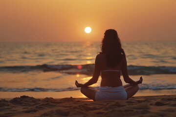 Fototapeta premium Back View of a Woman Practicing Yoga at Sunset on the Beach