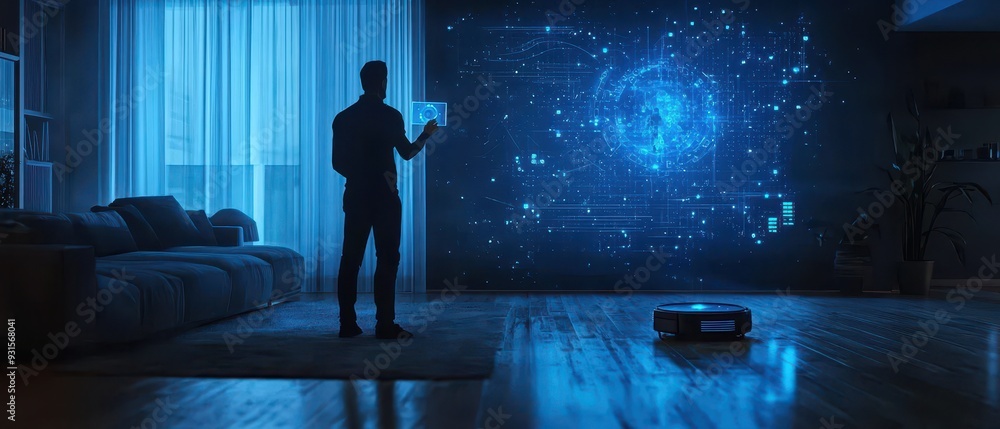 Poster man interacting with a holographic display