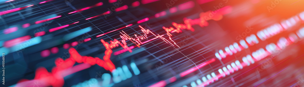 Poster digital data visualization, vibrant graph displays fluctuating financial trends, illuminated lines r