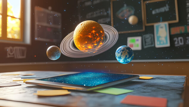 3D Solar System Model Displayed on iPad in Classroom Setting