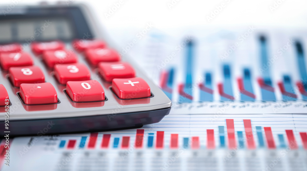 Poster calculator on financial reports, vibrant red buttons contrast with blue and red bar graphs, indicati