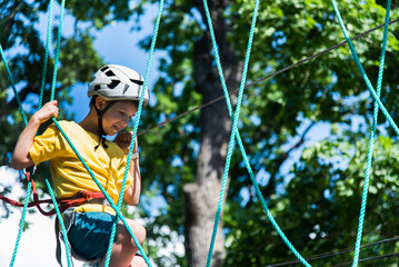 A child is engaged in rock climbing in a rope park in nature, walking along a cable car overcoming obstacles