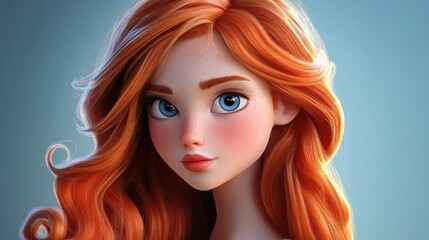 Fototapeta premium 3D Cartoon Portrait of a Beautiful Ginger Girl with Stunning Hair