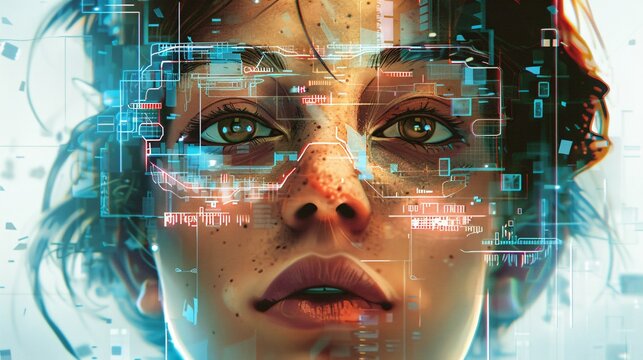 Futuristic female portrait with neon glowing lines and vibrant abstract digital effects.