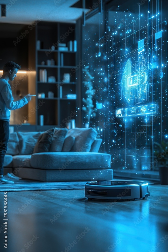 Poster man interacting with a holographic display