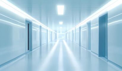 Fototapeta premium Abstract futuristic corridor in bright blue medical center setting.