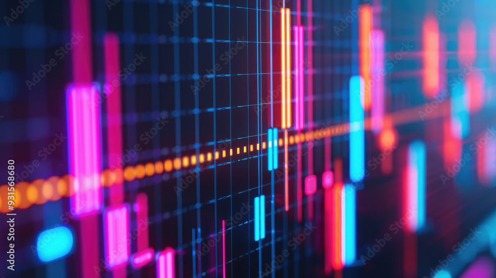 Poster digital financial data visualization, vibrant glowing charts representing stock market trends and da
