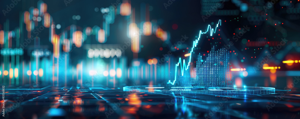 Poster digital stock market visualization, futuristic interface displaying real-time financial data, vibran