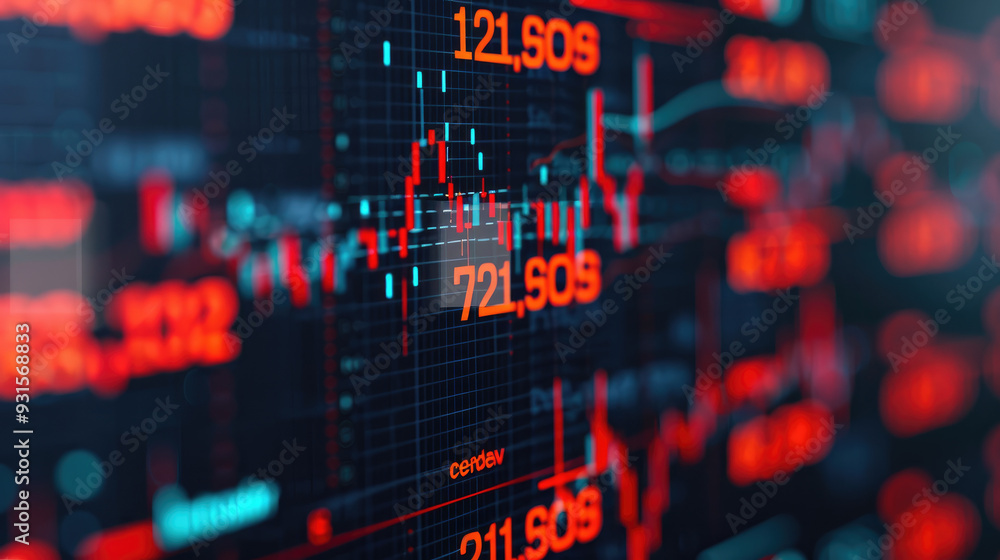Poster stock market data visualization, dynamic financial information displayed in red and blue tones, high