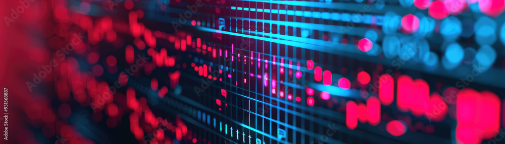 Poster data visualization abstract, vibrant patterns of digital data represented in red and blue hues, conv