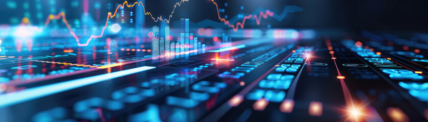 Futuristic data visualization, vibrant digital graphs and keyboard elements illustrating advanced analytics and technology in a high-tech environment
