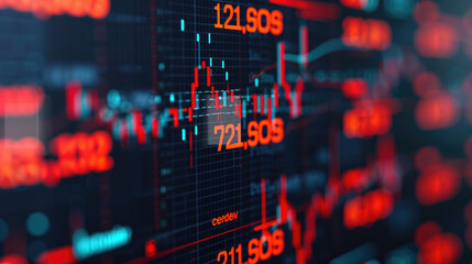Obraz premium Stock market data visualization, dynamic financial information displayed in red and blue tones, highlighting fluctuating values and trading activity.