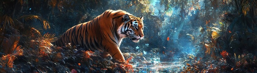 A majestic tiger prowling through a vibrant forest, surrounded by lush greenery and shimmering sunlight reflecting off water.