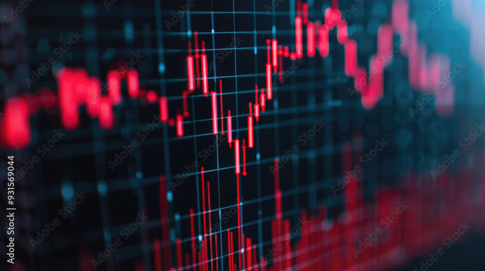 Poster dynamic financial market visualization, intricate candlestick chart displaying fluctuating stock pri