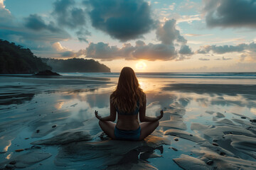 Fototapeta premium Back View of a Woman Practicing Yoga at Sunset on the Beach