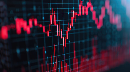 Dynamic financial market visualization, intricate candlestick chart displaying fluctuating stock prices, strong emphasis on downward trends illustrated by vivid red colors.