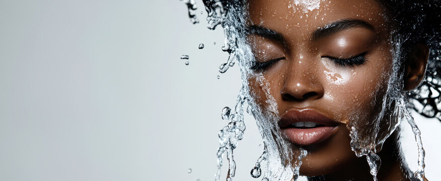 beautiful Black woman showering with water pouring down her face, her skin wet and glowing from the water droplets, against a white background. Cosmetic concept