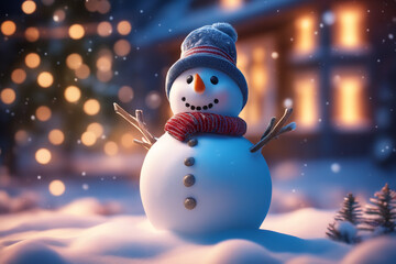 Snowman with winter landscape and snow high quality background

