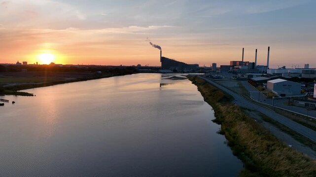 Aerial view of famous places heat and power waste to energy plant and sport park in Copenhagen at sunset, Denmark.