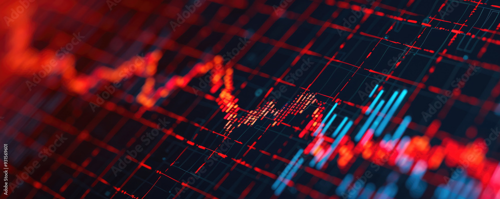 Poster dynamic financial data visualization, showcasing a neon-lit stock market chart with fluctuating line