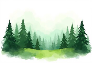 Fototapeta premium Digital Watercolor Forest Painting: Green Trees, White Background, Nature Wallpaper
