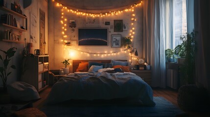 A teenagers room with a calming playlist on, fairy lights around the bed, soft glow, eclectic style, cozy decor, tranquil and creative vibe, relaxed mood