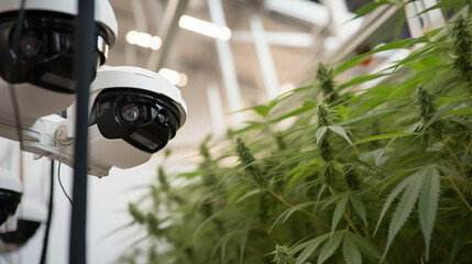 High-Tech Security Cameras Monitoring Cannabis Cultivation in an Industrial Greenhouse Setting